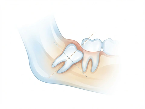 Illustration showing an impacted canine tooth being surgically exposed and guided into proper alignment